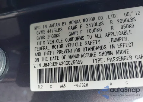 2012 Acura Tsx 2.4 z USA, uszkodzony, nr VIN JH4CU2F43CC025659